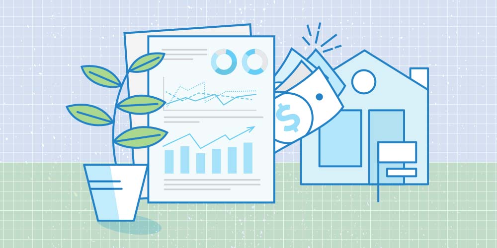 An illustration of an indoor plant, two pieces of paper showing stock market performances, some money flying out the paper, and a house for sale.