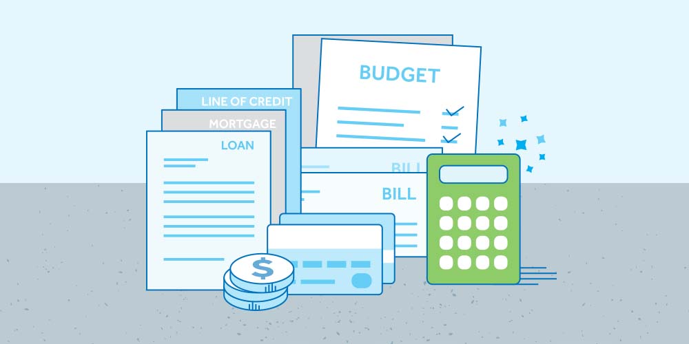 An illustration about tackling your debt. From left to right: loan, mortgage, line of credit documents, credit cards, bills, a budget, and a calculator.