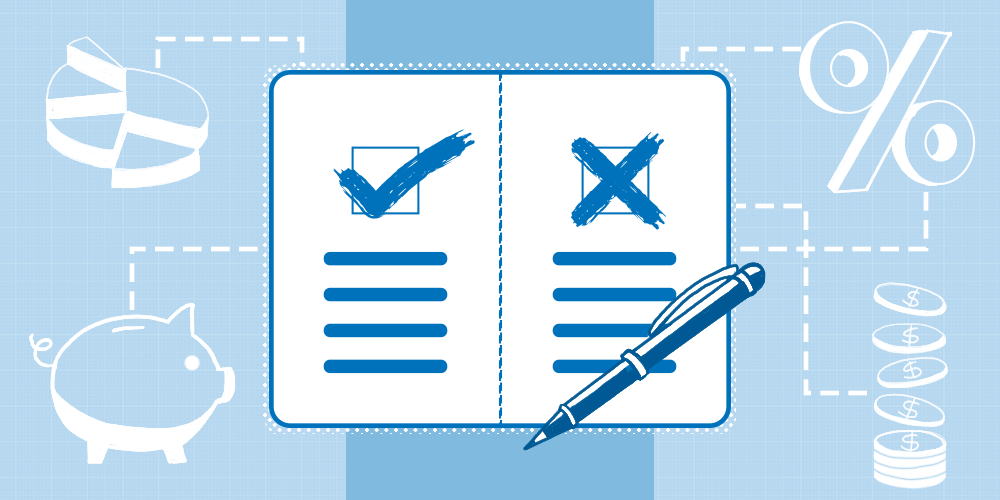 notebook with a tick and cross on a blue background with motifs denoting how to choose the right account