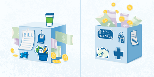 blue boxes one showing expenses coming out, the other savings going in to depict the differences between a chequing and savings account