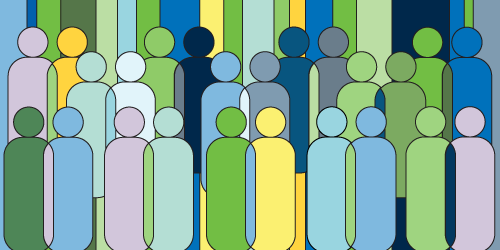 outline of people in brand colours and additional palette depicting community